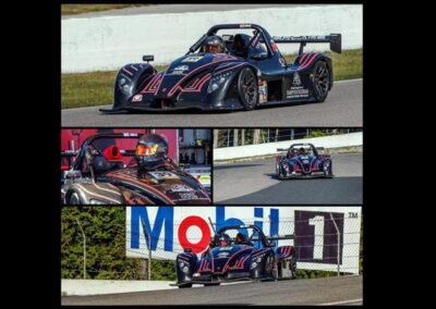 Several action shots of Team Earle’s #39 Radical SR3 XX, painted black, from various perspectives and angles